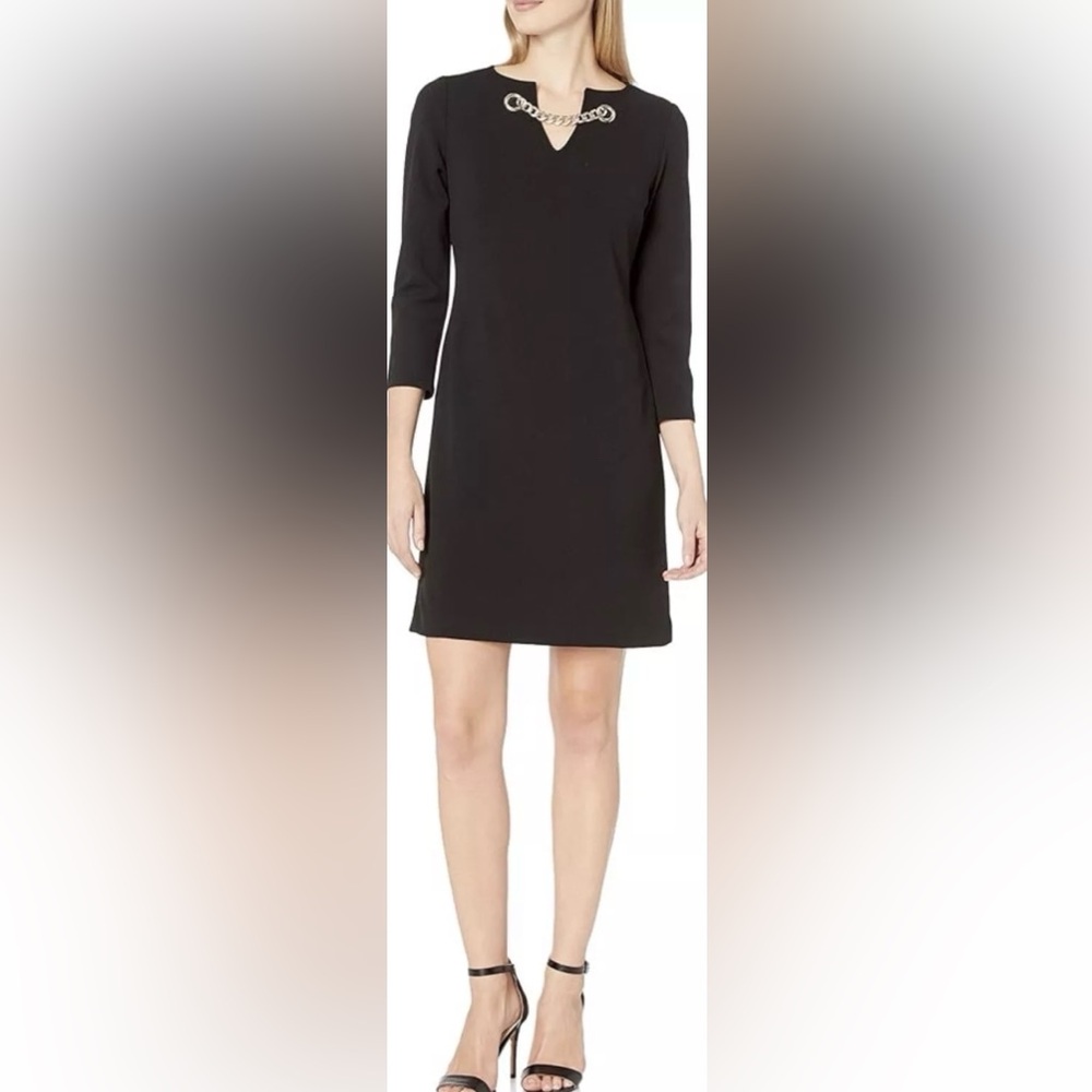 NWOT Tommy Hilfiger Women's Black Grommet Gold Chain Neck Shift Dress Size 2 XS